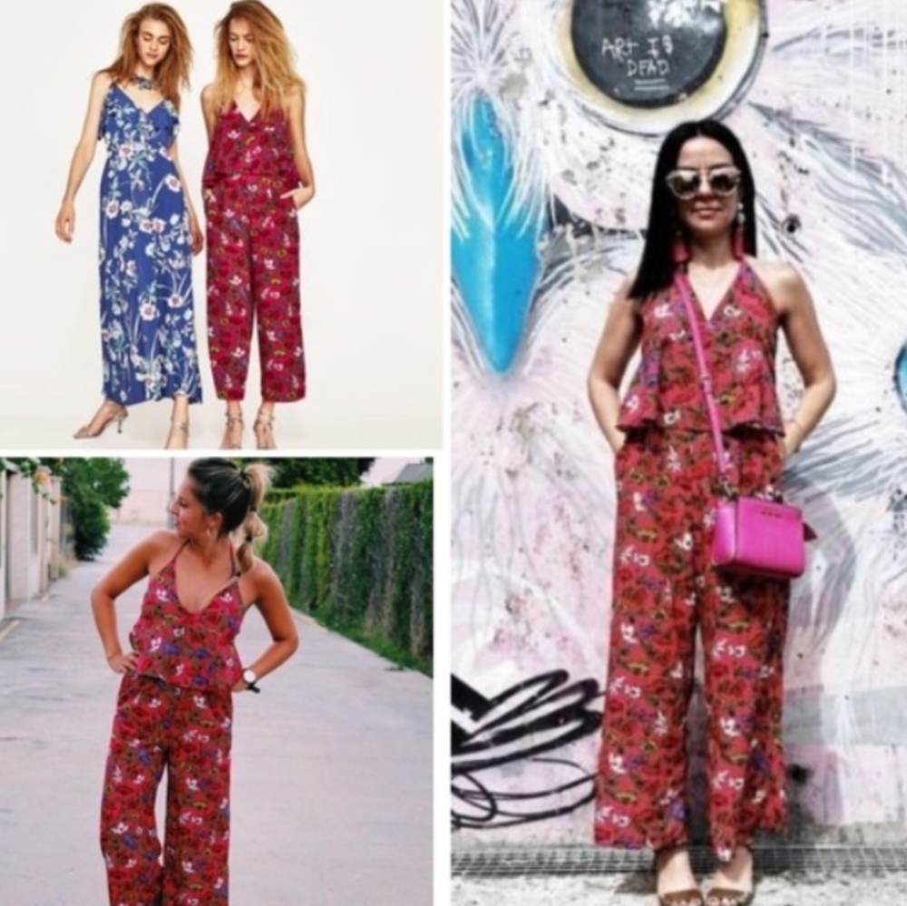 ZARA // hot pink floral halter open back jumpsuit - Picture 5 of 8